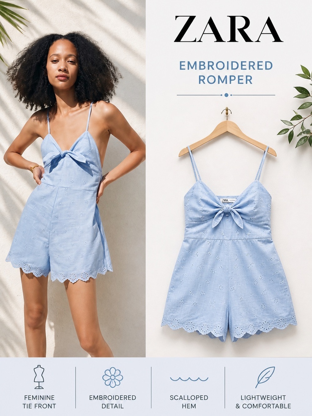 ZARA Blue Embroidered Romper Size L NWT Tie Front Eyelet Scalloped Hem Playsuit